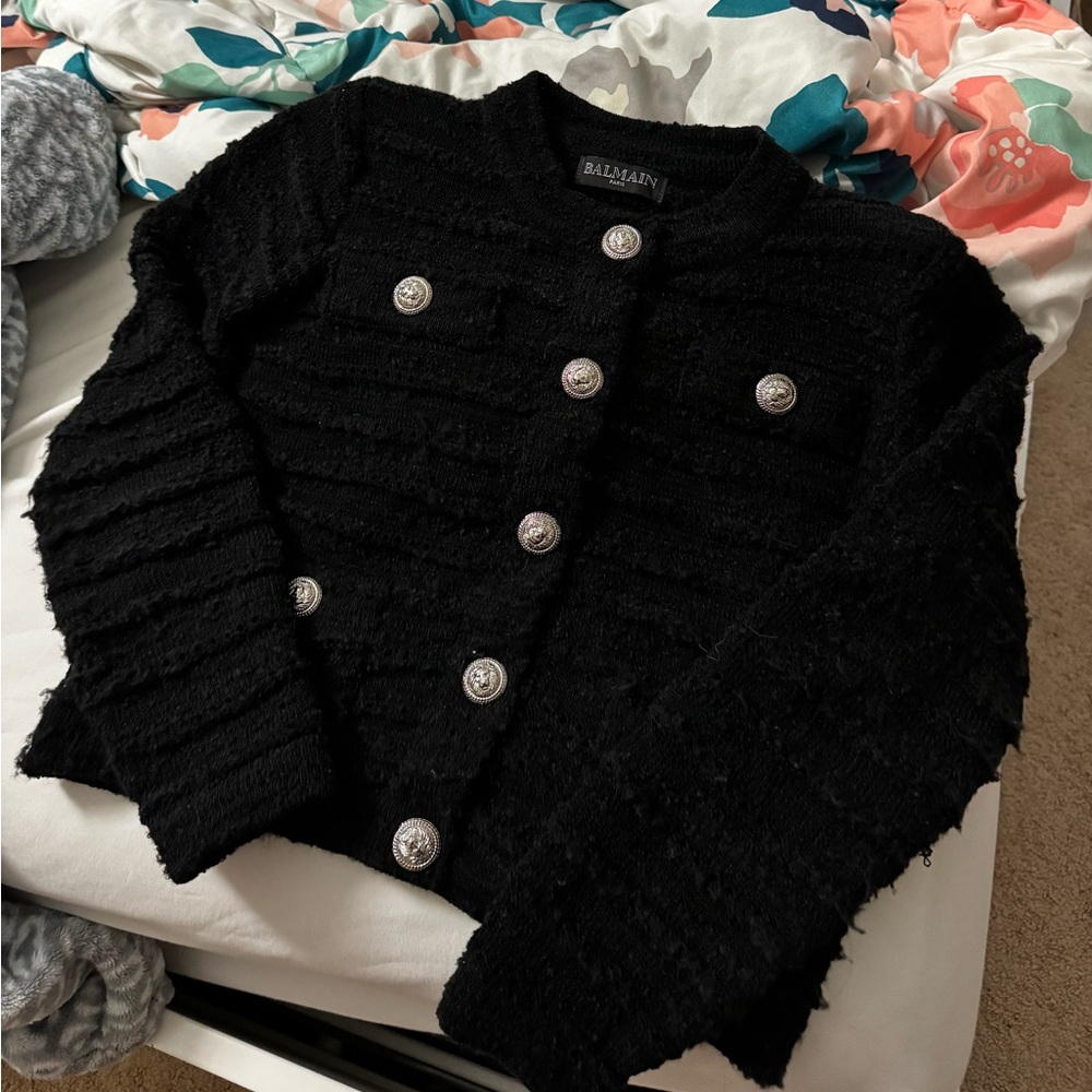 Balmain Women's Black Cardigan with Silver Buttons